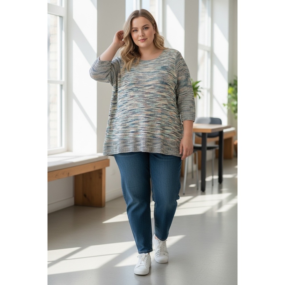 CJ Banks 3X Multicolor Knit Sweater Top Plus Size 3/4 Sleeve Boho space dye